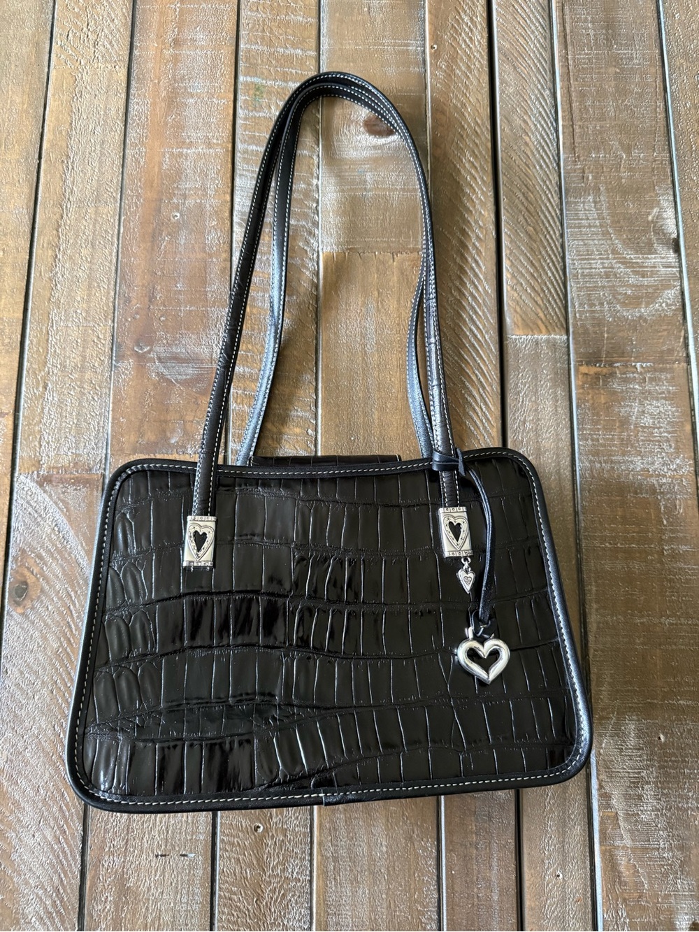 Brighton Black Croc-Embossed Shoulder Bag with Heart Charm